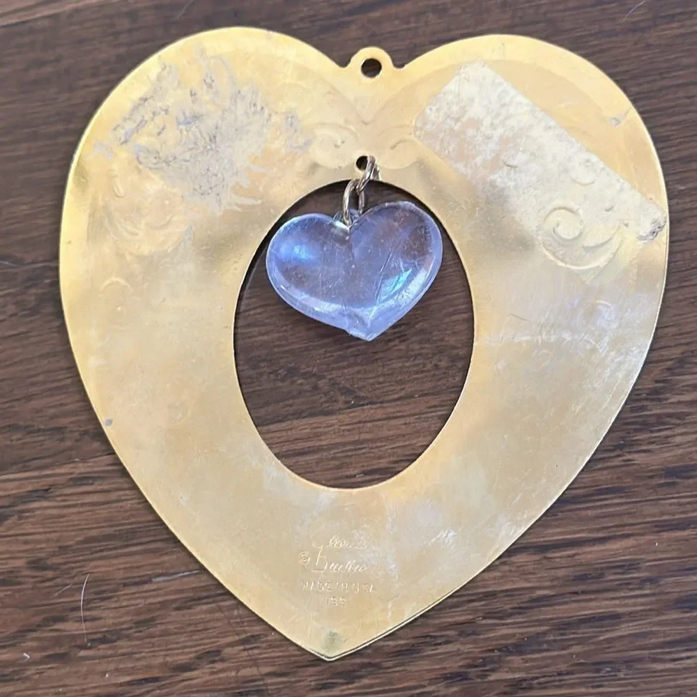 Vtg 1991 Gloria Duchin gold‎ brass heart ornament/floating clear plastic heart